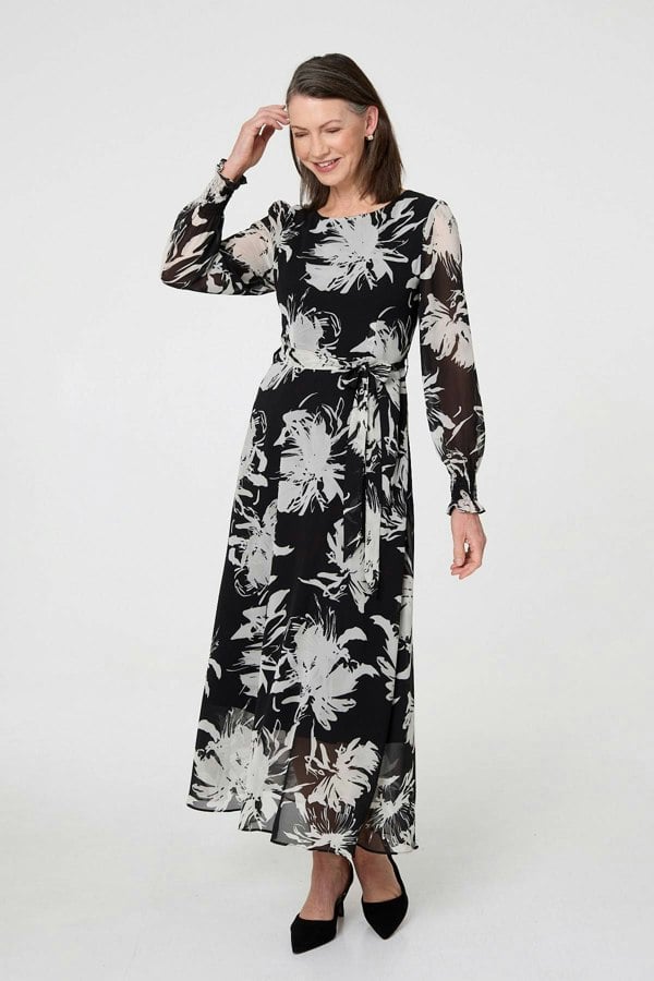 Black | Floral Tie Waist Layered Maxi Dress
