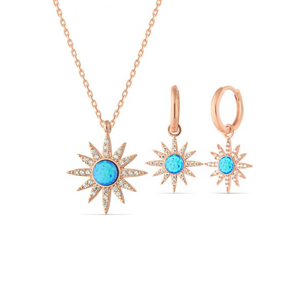 Spero London Blue Opal Sun Sterling Silver Necklace and Earring Set