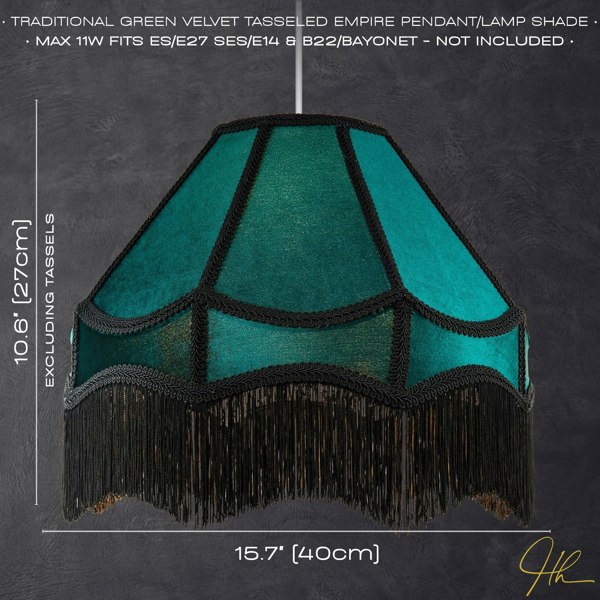 Traditional Victorian Empire 40cm Lamp Shade in Dark Emerald Velvet with Tassels Image 6