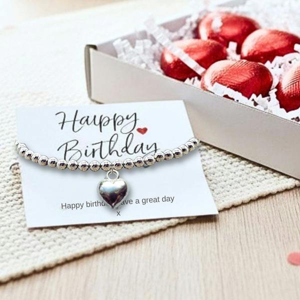 Aye Do Gifts Happy Birthday Gift Box, Silver Heart Bracelet & Chocolate Hearts
