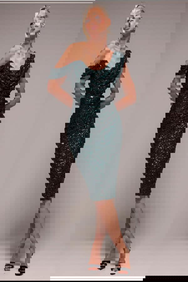 Sequin Cowl One Shoulder Midi Dress - Emerald Green DR4529