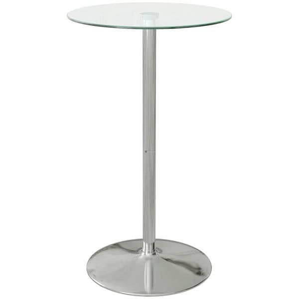 Round high bar table with clear glass top and brushed steel pedestal base