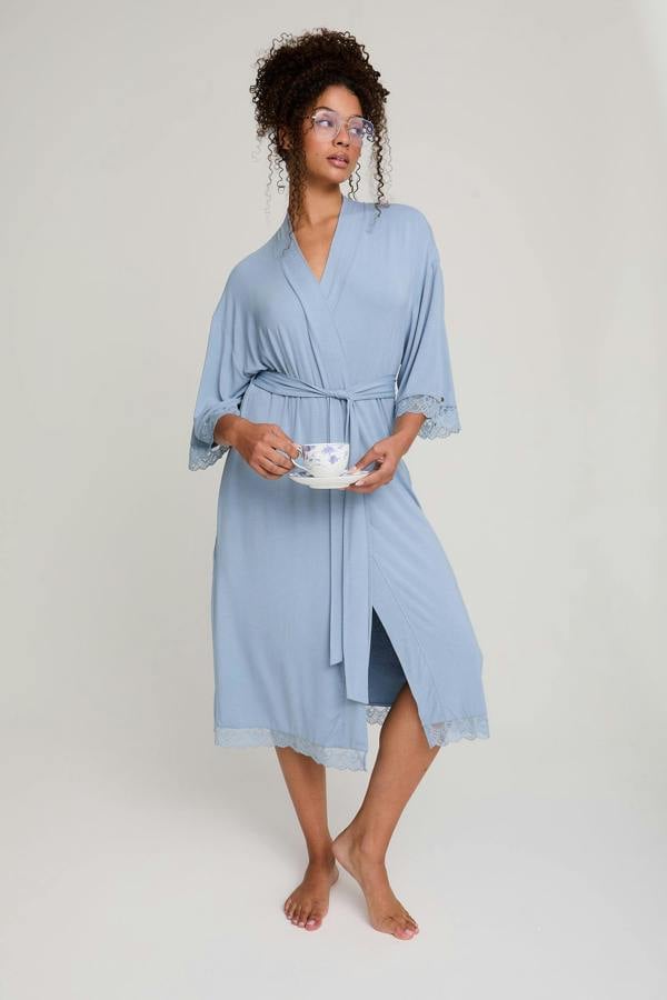 Bamboo Lace Kimono Robe in Blue Mist - Wholesale - Robes