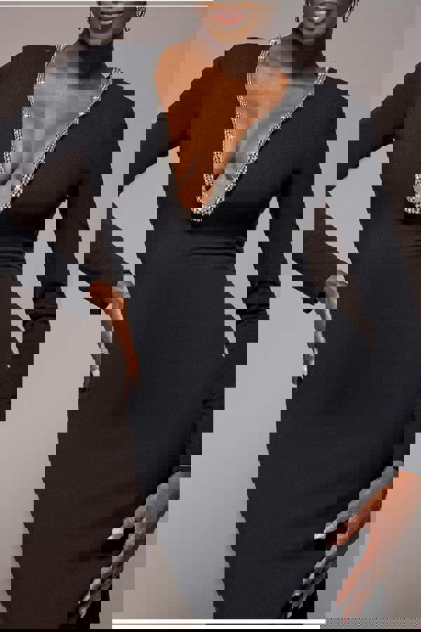 Diamante Embellished Neck Bodycon Maxi Dress - Black DR4701