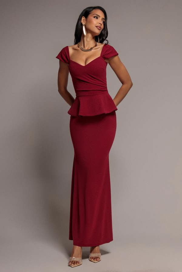 Cap Sleeve Sweetheart Peplum Scuba Maxi Dress - Burgundy DR5302