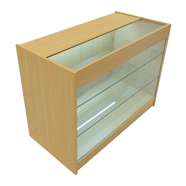 LED retail shop counter K1200 in maple finish, featuring a glass display top, sleek design, and illuminated interior shelves