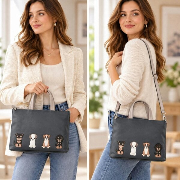Mala Leather Sitting Dogs Grey Leather Grab Bag with Detachable Shoulder Strap
