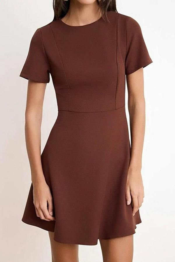 WOVCOR Waist-Fronted Short Sleeved Mini Stretch Woven Dress