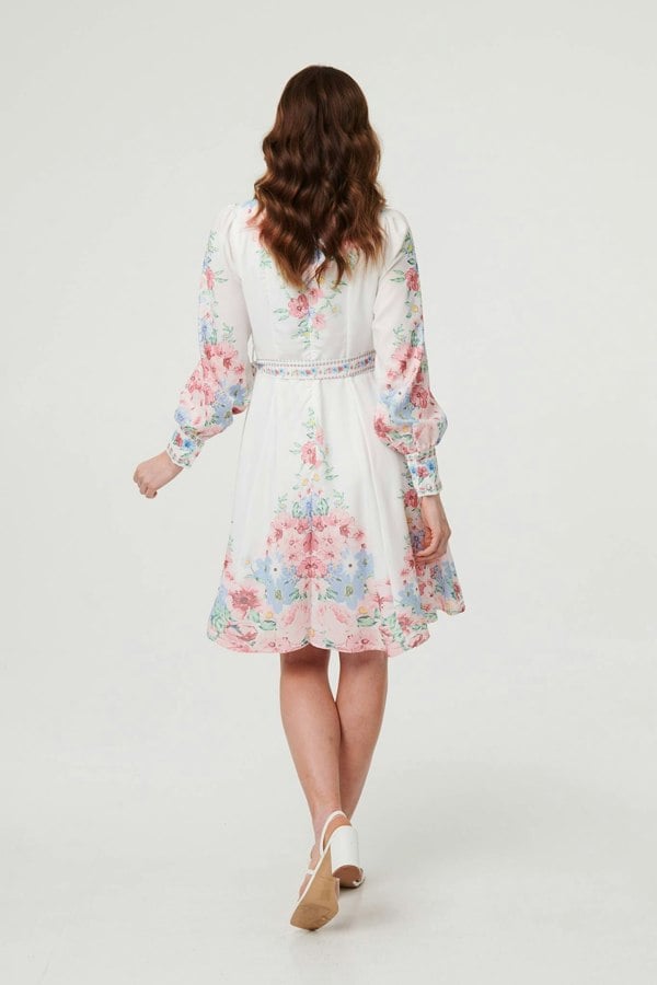 White | Floral Border Print Short Skater Dress