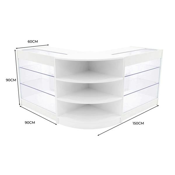 Curved white Apollo LED shop counter set with two glass display shelves, measuring 150cm wide and 90cm tall, ideal for retail use