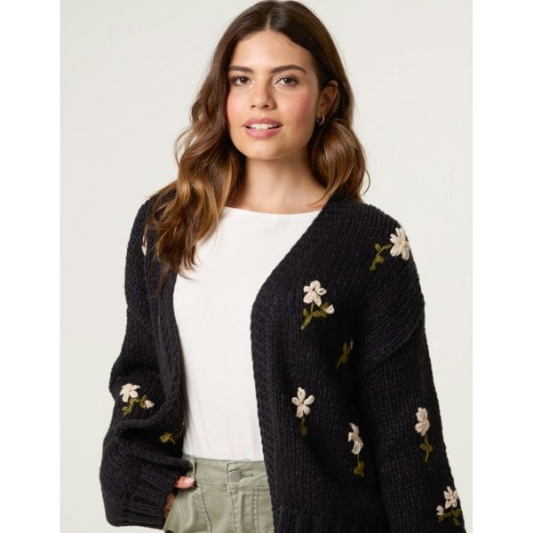 Blue Vanilla Flower Embroidery Detailed Cardigan - Black