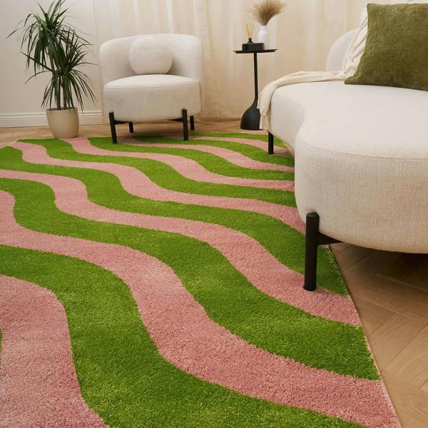 Wavy patterned fabric with green and pink wavy lines