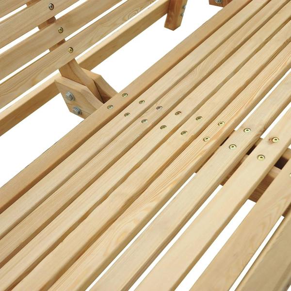 Close-up of natural wood swing bench slatted seat boards with screws