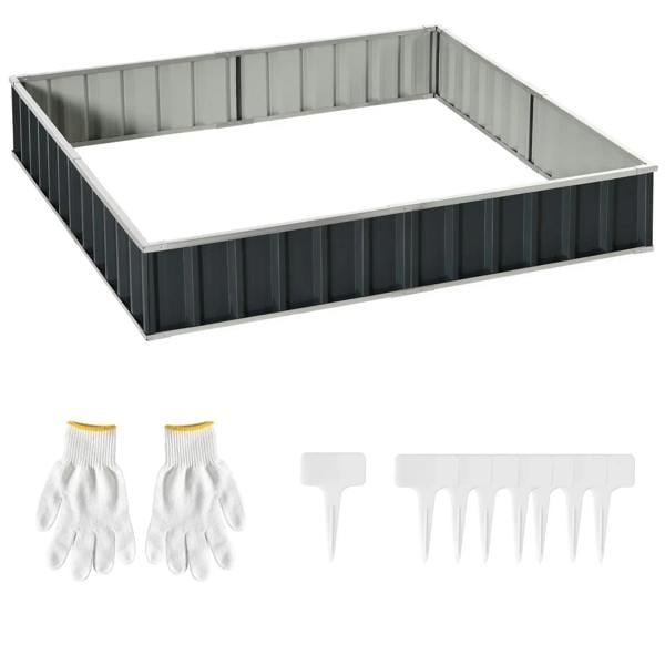 Dark gray, open-bottom metal raised garden bed with ribbed side panels and no base