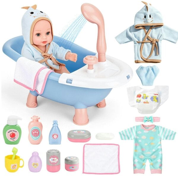 deAO Toys deAO 12” Baby Doll Bath Playset with Working Bathtub, 2 Outfits & Accessories Pretend Bath‑Time Role‑Play Toy for Kids Ages 3+, Blue