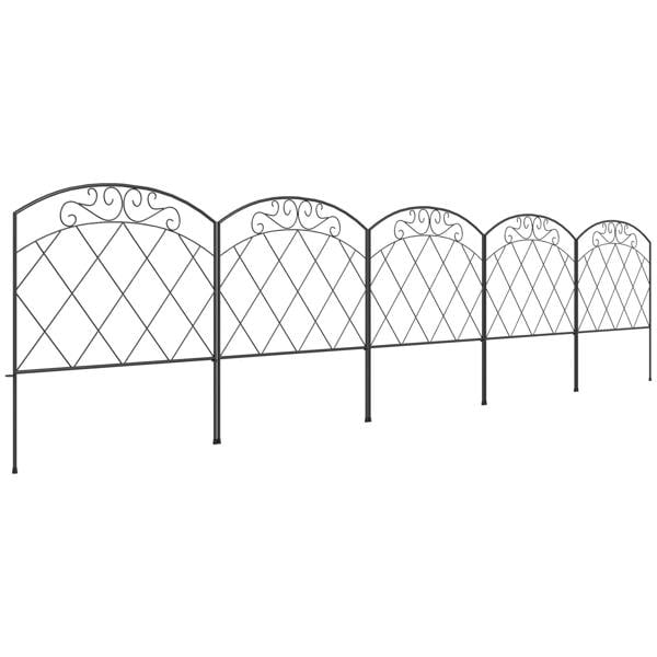 Black metal decorative fence with diamond lattice and swirl scrollwork on arched panels