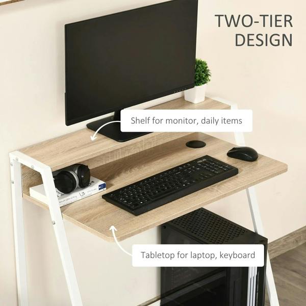 Two-tier monitor desk with oak-style tabletop and keyboard shelf, cable hole
