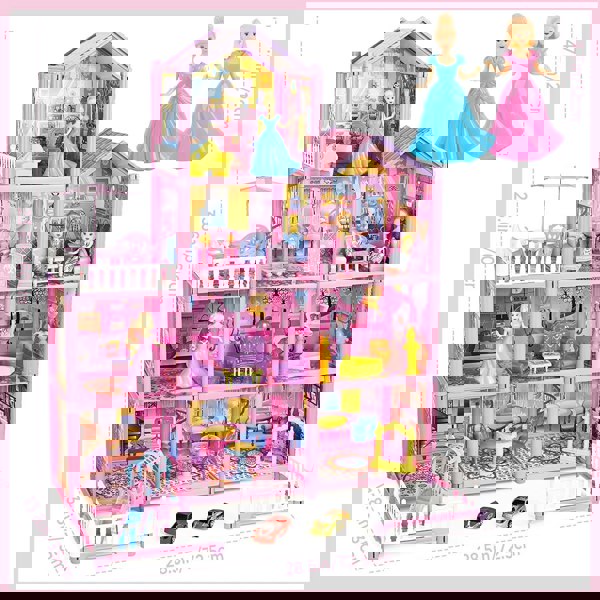 deAO Toys Princess My first Dolls House Kids Pink Grand Four Story Castle Dolls House Playset With Furniture