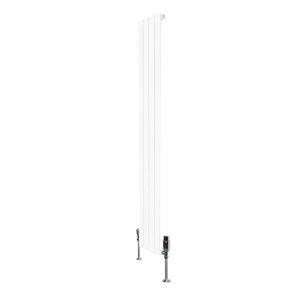 Flat single column radiator in sleek white, measuring 1600mm x 280mm, with modern valves for efficient heating and elegant design