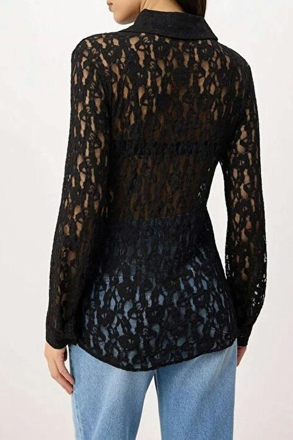 WOVCOR Plain Fitted Shirt Collar Long Sleeve Lace Knit Shirt
