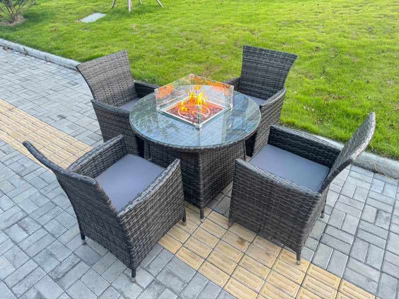 Fimous 5-Piece PE Rattan Garden Furniture with Medium Round Gas Fire Pit Table and 4 Chairs for Patio Dark Grey Mixed