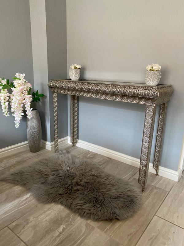 Downton Interiors Silver Embossed Metal Mirrored Glass Console Table - Agadir Range