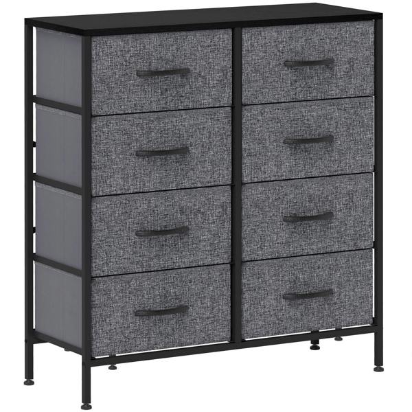Industrial fabric chest of drawers with 8 grey drawers, black frame, and flat top