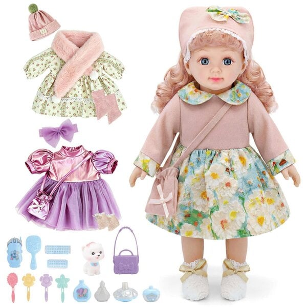 deAO Toys Baby Doll Gift Set with Outfits, Cat Figure & Hair Accessories – Dress‑Up Fashion Doll Playset for Kids Ages 3+