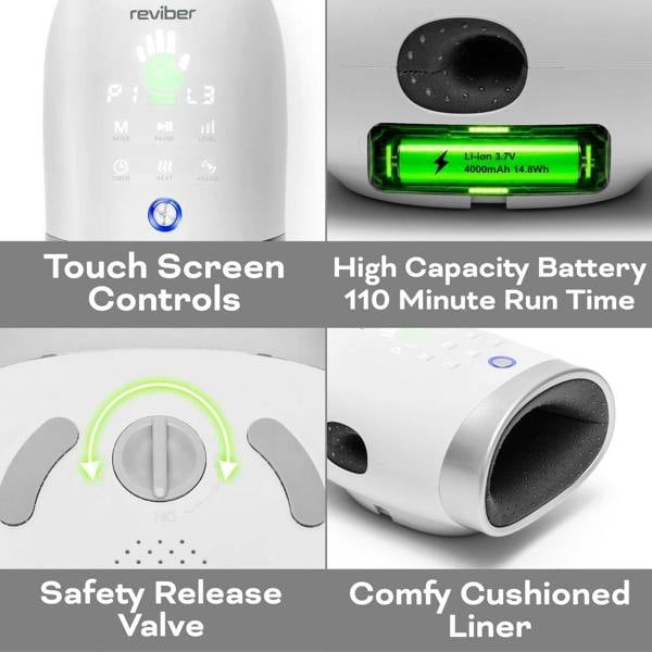 Collage features the Reviber Hand Spa Massager with Heat & Finger Stretch by Reviber, showcasing its touch screen controls, extendable handle, green rechargeable battery, safety release valve, and cushioned liner. Text highlights these features in four sections—making it ideal for deep tissue massage applications.