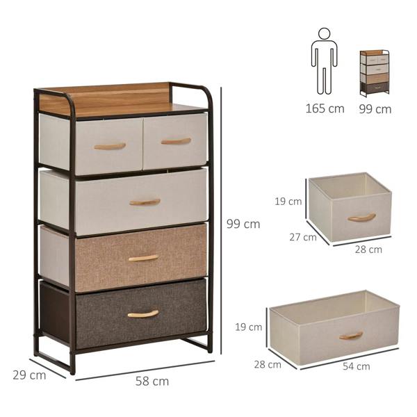 Dresser tower storage organizer with 5 drawers shown with size diagram and storage bin shapes
