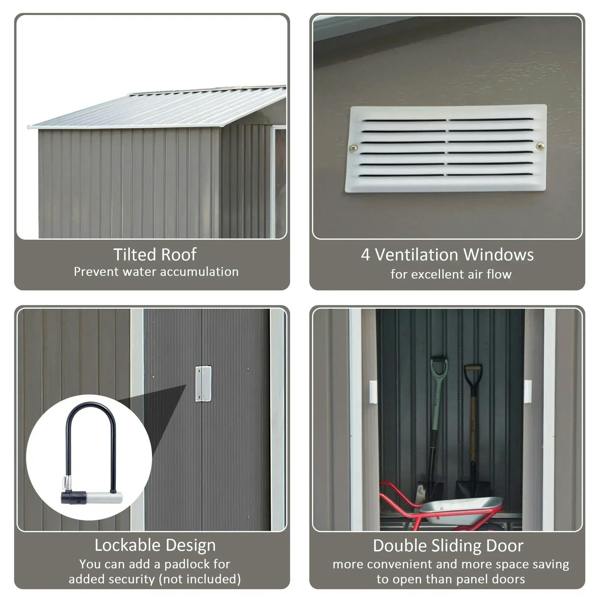 Grey metal shed feature panel: tilted roof, ventilation windows, lockable door, open entry