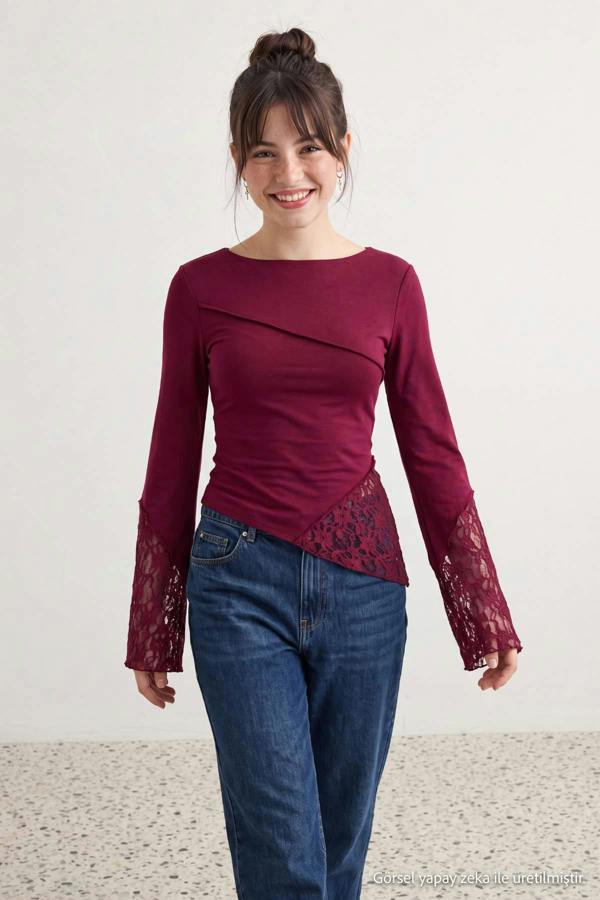 WOVCOR Boat Neck Spanish Sleeve Lace Detail Fitted Blouse