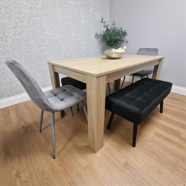 Kosy Koala Dining Table Set Oak Effect Table With 2 Grey Velvet Dining Chairs And 2 Black Benches
