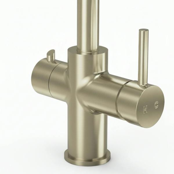 Brushed brass boiling hot water tap on a white background