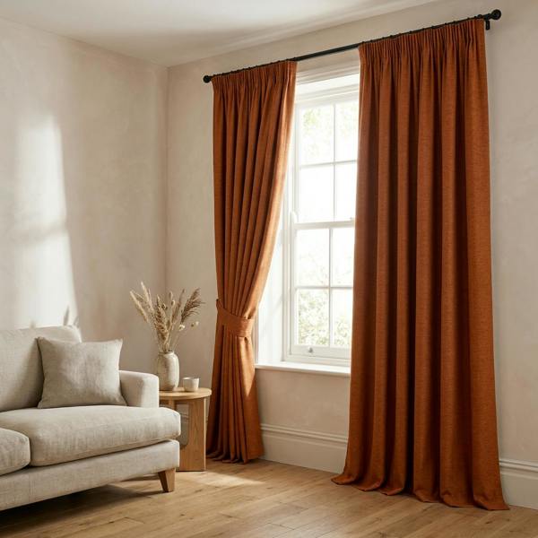 Kent made-to-measure curtains in Terracotta, styled in a living room