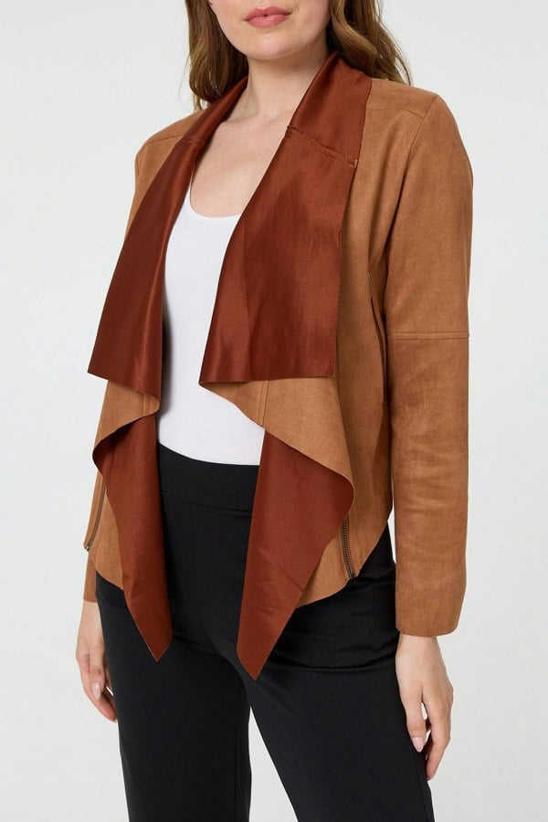 Tan | Waterfall Front Cropped Open Jacket
