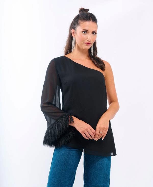 Needs No Label Black Feather Asymmetric Top