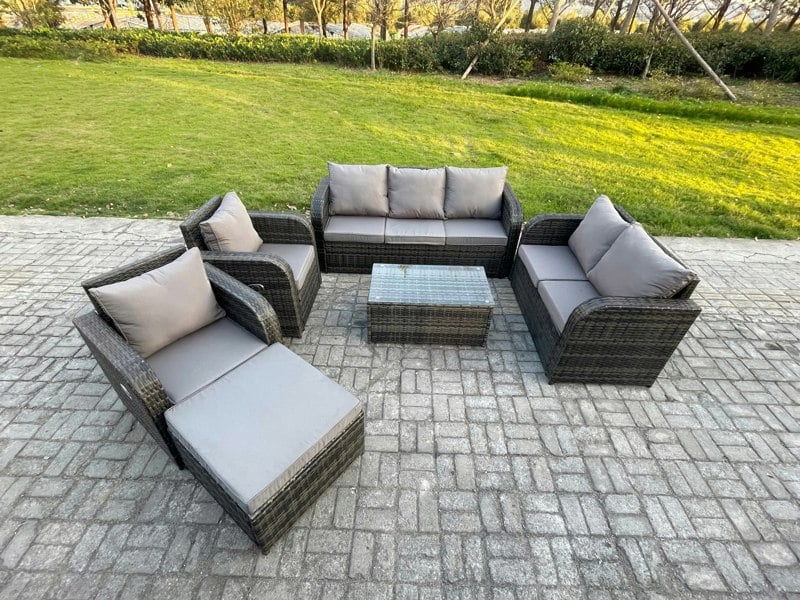 Fimous 8 Seater Rattan Wicker Garden Furniture Patio Conservatory Sofa Set with Rectangular Coffee Table 3 Seater Sofa Love Sofa Big Footstool