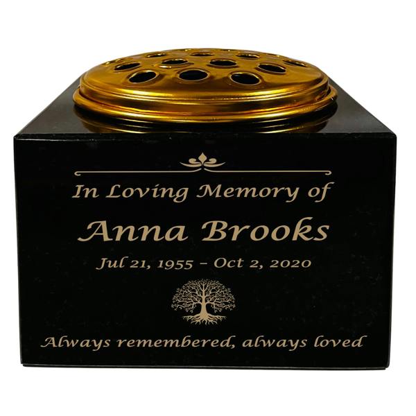Memorials Direct Granite Memorial Vase with Tree of Life Design, Free Personalised Gold Engraving, Solid Granite 6 x 6 x 4 Inches