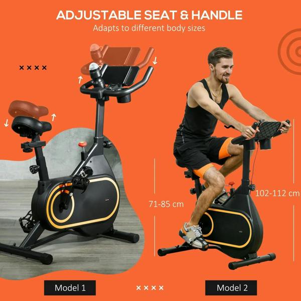 Black indoor cycling bike with adjustable seat, handlebars, and front console tablet holder