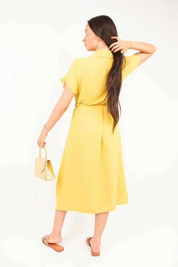 Annie Collared Button Down Short Sleeve Tie Waist Midi Dress - Yellow
