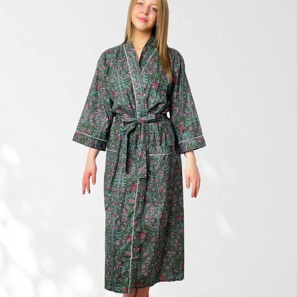 Hayley & Co Grey and Pink Flower Print 100% Cotton Dressing Gown