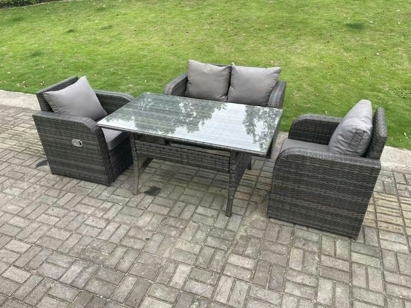 Fimous Dark Grey PE Wicker Rattan Garden Furniture Set Love Sofa Reclining Chair Outdoor Rectangular Dining Table 4 Seater