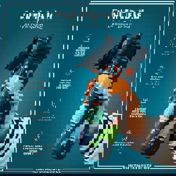 A teal-colored, slim stainless steel water bottle, featuring a whimsical ocean design, is held; its full flip lid opens 240°.