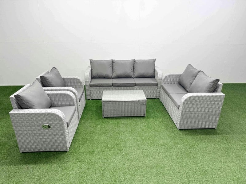 Fimous PE Rattan Garden Furniture Set Adjustable Chair Sofa Double Love Seat 2 Seater Sofa Lounge Set Oblong Coffee Table Light Grey