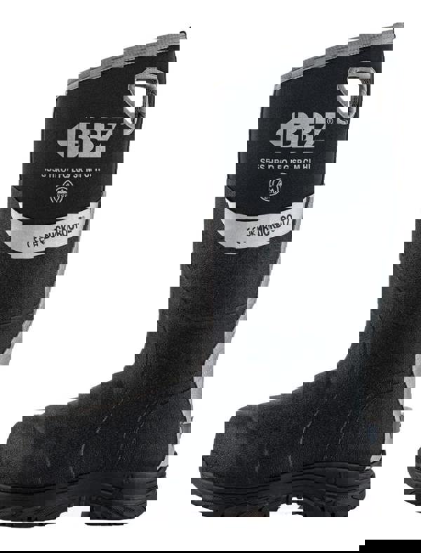 Buckbootz BBZ9000 Mens Safety Waterproof Composite Toe/Midsole S5 Wellington, black and gray safety work boot with reinforced toe and slip-resistant sole.