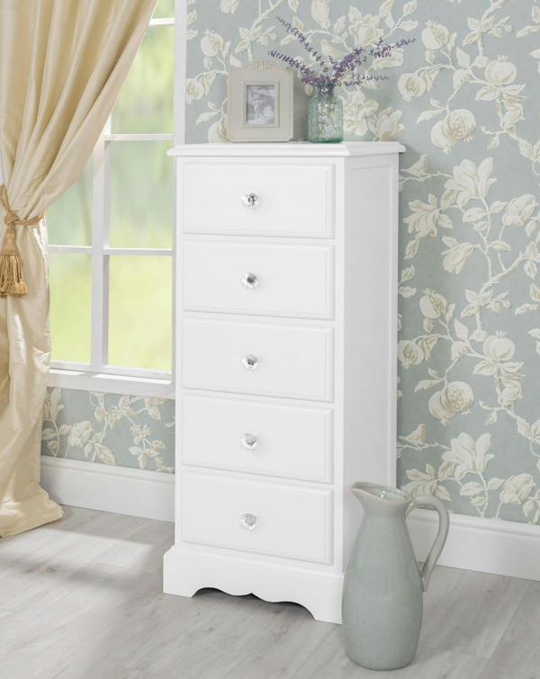 Statement Furniture Romance Tallboy 5 Drawer Narrow Chest of Drawers with Crystal Handles
