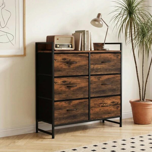Rustic Chest of Six Fabric Drawers - Rustic Brown