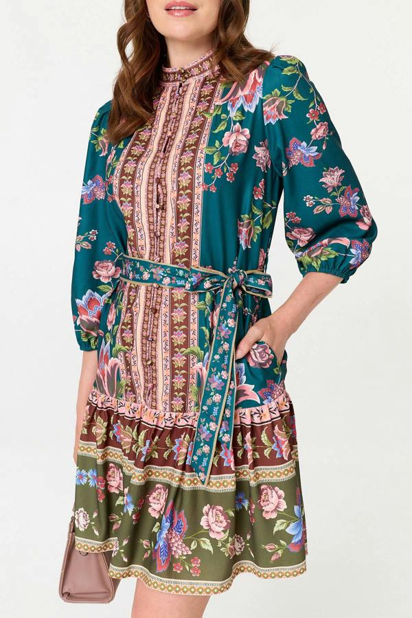 Green | Floral Border Print Short Shirt Dress