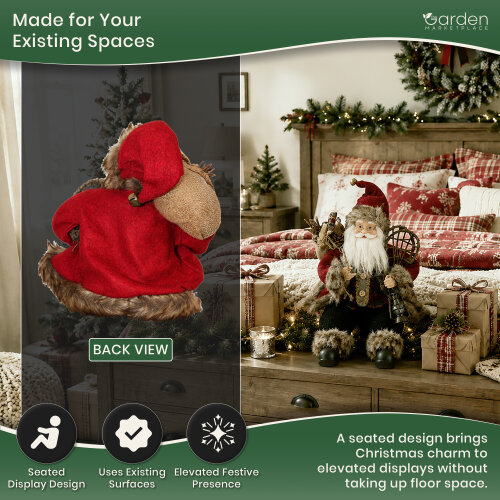 45cm Sitting Father Christmas Figure with Presents Sack, Snowshoes & Lantern, Rustic Fabric Santa Decoration for Mantels & Shelves